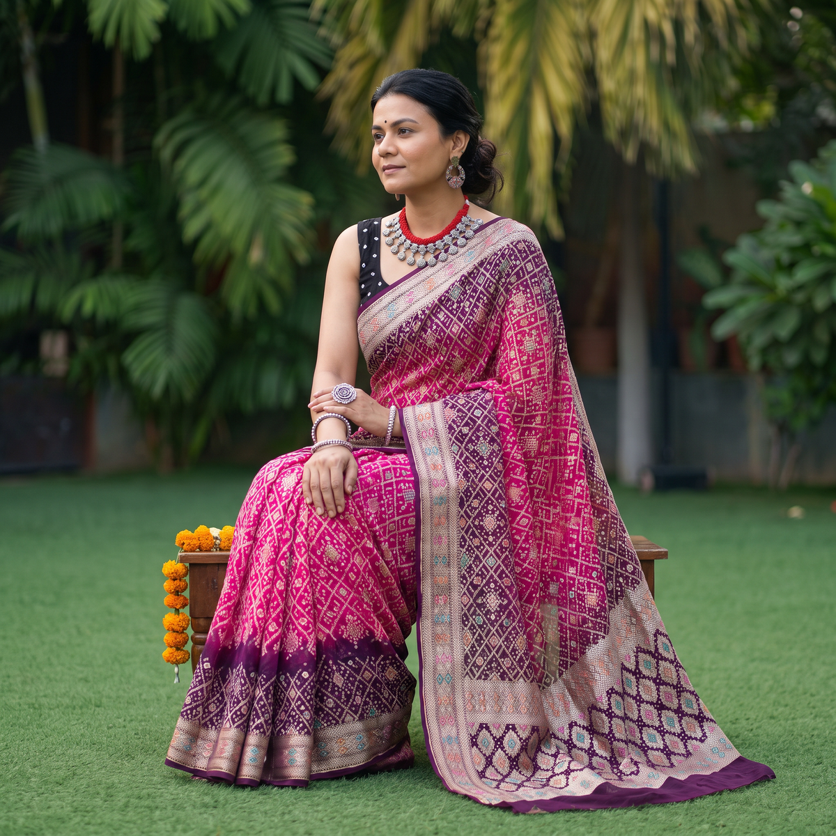 Pink Kutch Bandhani Fine Georgette Banarasi Neem Zari Jaal Saree, draped and worn by a woman, AI visual of the saree, iTokri