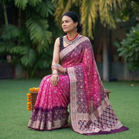 Pink Kutch Bandhani Fine Georgette Banarasi Neem Zari Jaal Saree, draped and worn by a woman, AI visual of the saree, iTokri