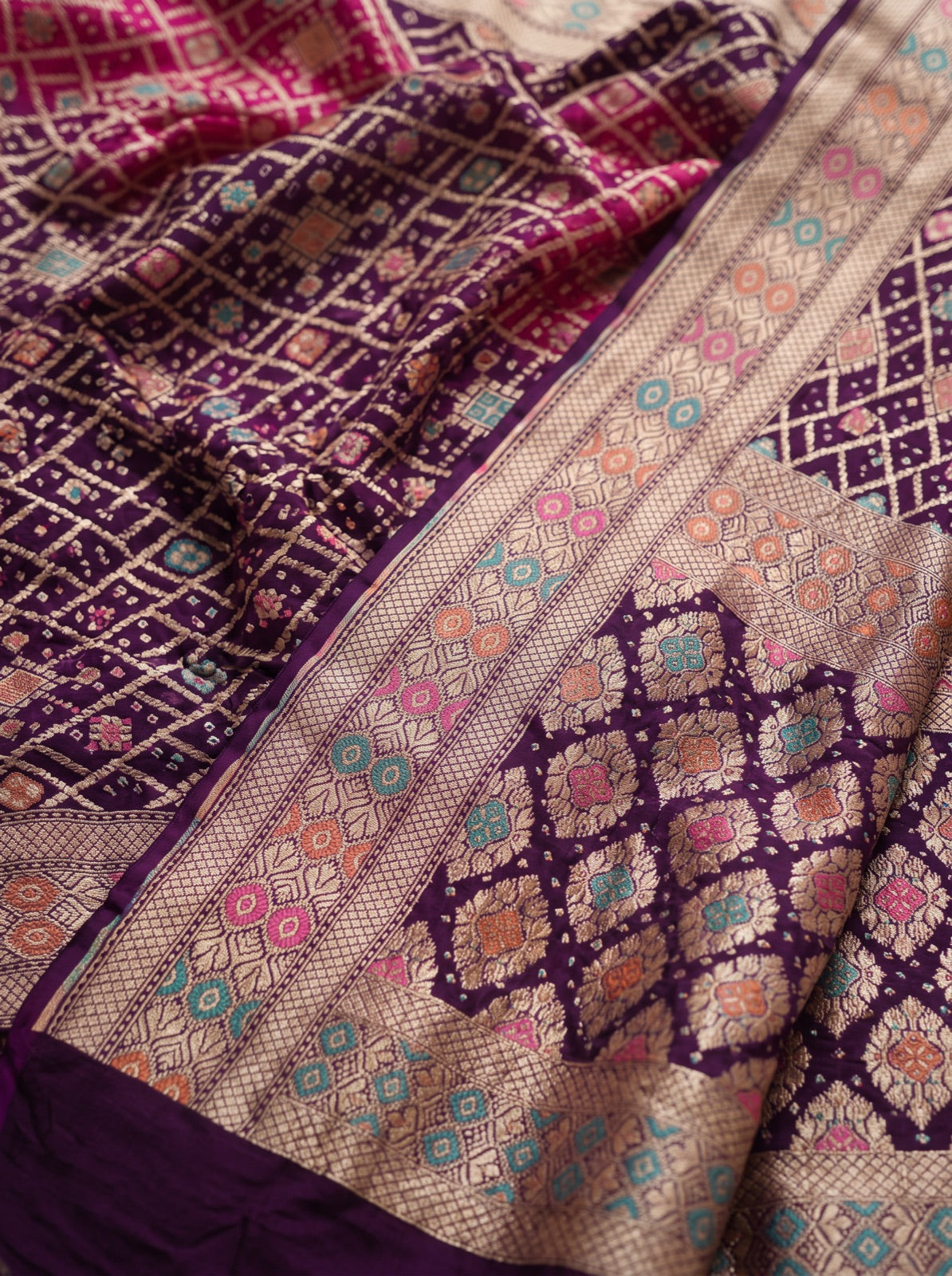 Pink Kutch Bandhani Fine Georgette Banarasi Neem Zari Jaal Saree, draped and worn by a woman, AI visual of the saree, iTokri