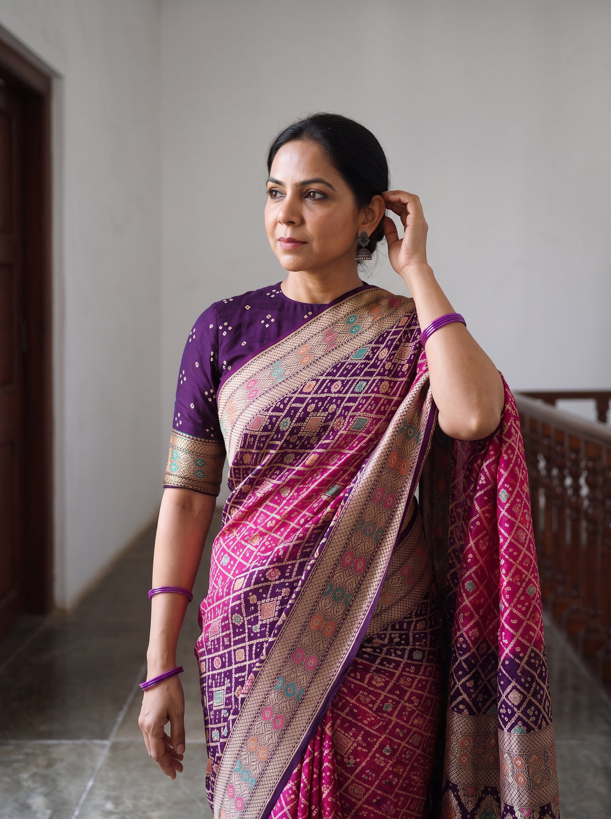 Pink Kutch Bandhani Fine Georgette Banarasi Neem Zari Jaal Saree, draped and worn by a woman, AI visual of the saree, iTokri