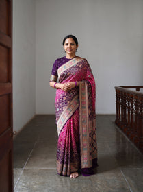 Pink Kutch Bandhani Fine Georgette Banarasi Neem Zari Jaal Saree, draped and worn by a woman, AI visual of the saree, iTokri