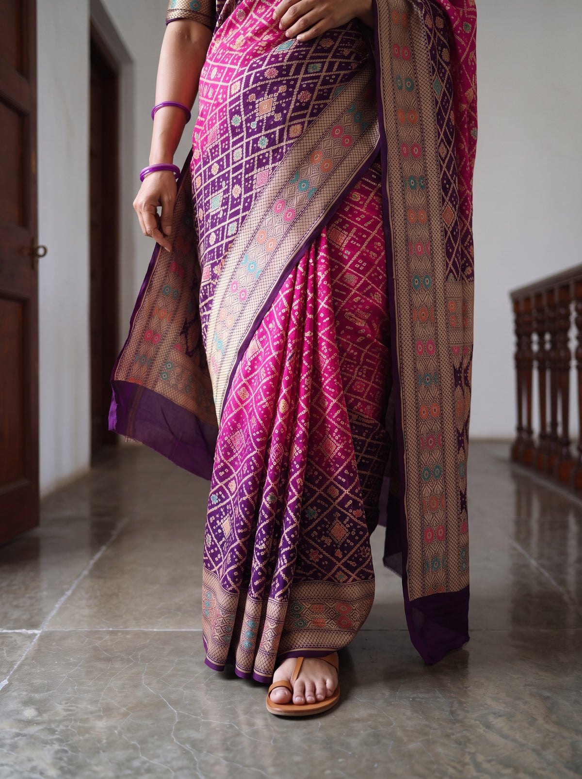 Pink Kutch Bandhani Fine Georgette Banarasi Neem Zari Jaal Saree, draped and worn by a woman, AI visual of the saree, iTokri