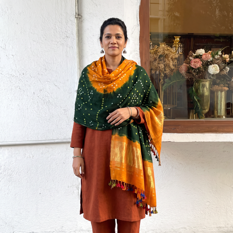 Green Kutch Bandhani Handwoven Merino Wool Shawl with Zari Patta, worn by a model, AI visual of the shawl, iTokri