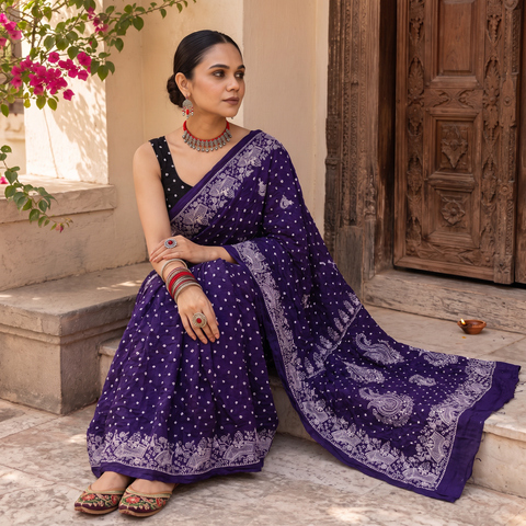 Purple Kutch Bandhani tie-dye cotton saree, draped and worn by a woman, AI visual of the saree, iTokri
