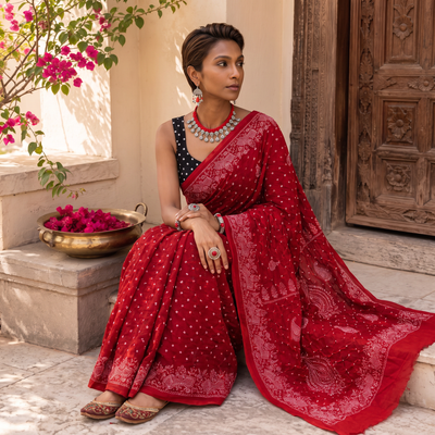 Red Kutch Bandhani tie-dye cotton saree, draped and worn by a woman, AI visual of the saree, iTokri