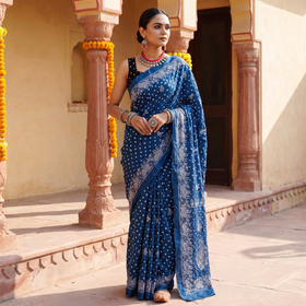 Blue Kutch Bandhani tie-dye cotton saree, draped and worn by a woman, AI visual of the saree, iTokri
