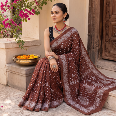 Brown Kutch Bandhani tie-dye cotton saree, draped and worn by a woman, AI visual of the saree, iTokri