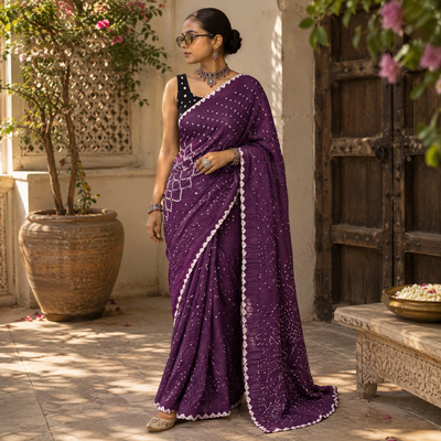 Purple Kutch Bandhani tie-dye cotton saree, draped and worn by a woman, AI visual of the saree, iTokri