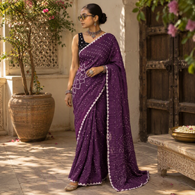 Purple Kutch Bandhani tie-dye cotton saree, draped and worn by a woman, AI visual of the saree, iTokri