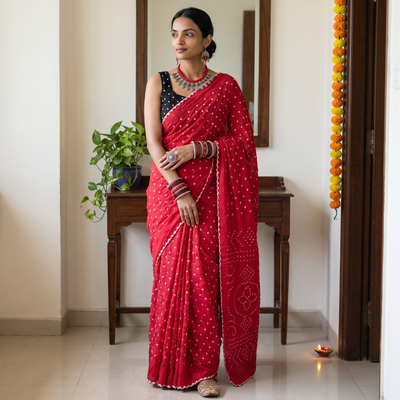 Pink Kutch Bandhani tie-dye cotton saree, draped and worn by a woman, AI visual of the saree, iTokri