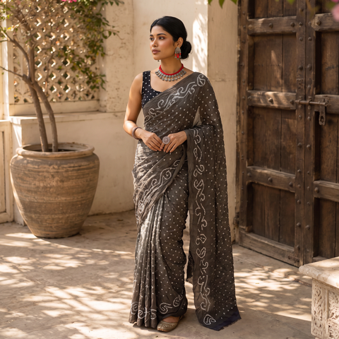 Grey Kutch Bandhani tie-dye cotton saree, draped and worn by a woman, AI visual of the saree, iTokri