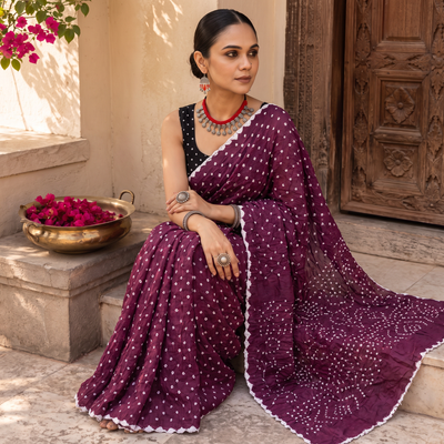 Purple Kutch Bandhani tie-dye cotton saree, draped and worn by a woman, AI visual of the saree, iTokri