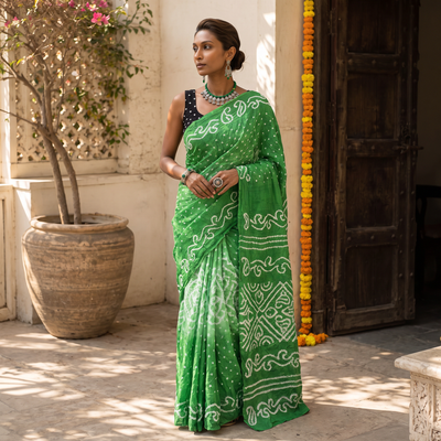 Green Kutch Bandhani tie-dye cotton saree, draped and worn by a woman, AI visual of the saree, iTokri