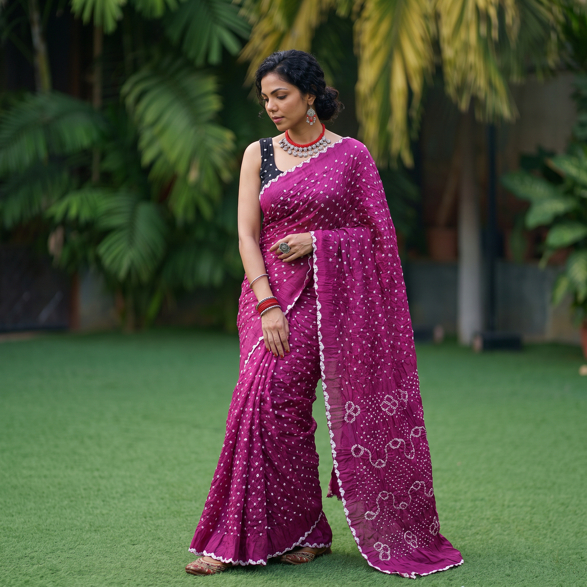 Purple Kutch Bandhani tie-dye cotton saree, draped and worn by a woman, AI visual of the saree, iTokri