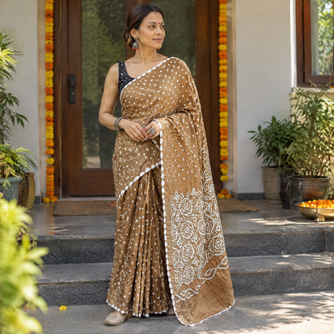 Brown Kutch Bandhani tie-dye cotton saree, draped and worn by a woman, AI visual of the saree, iTokri