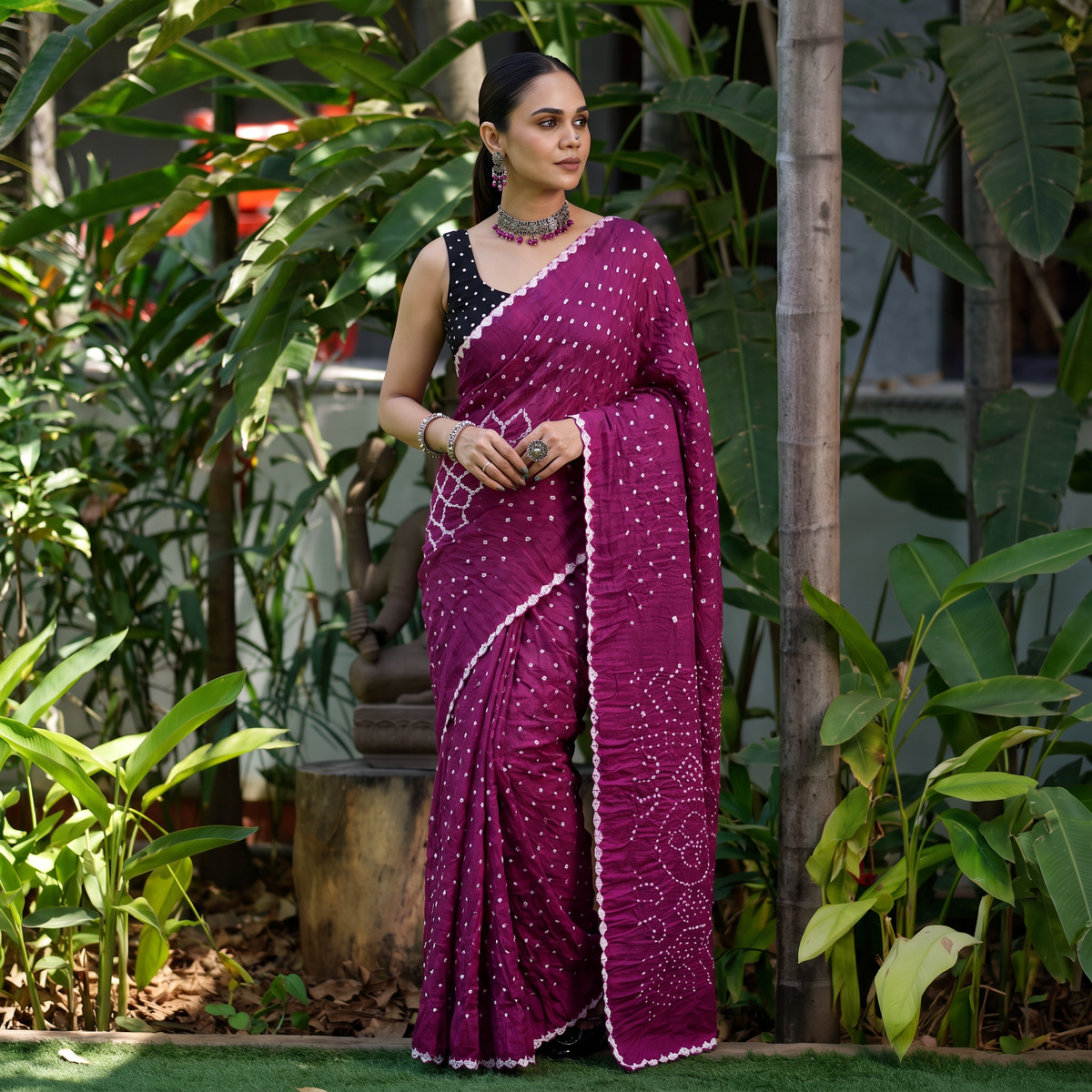 Purple Kutch Bandhani tie-dye cotton saree, draped and worn by a woman, AI visual of the saree, iTokri