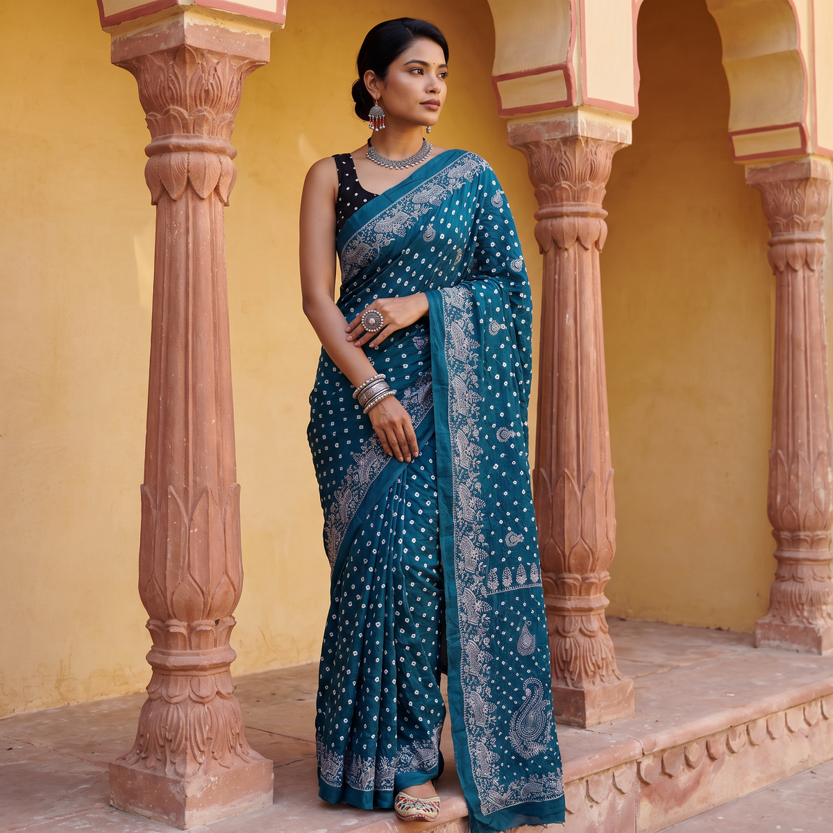 Blue Kutch Bandhani tie-dye cotton saree, draped and worn by a woman, AI visual of the saree, iTokri