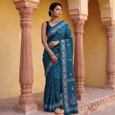 Blue Kutch Bandhani tie-dye cotton saree, draped and worn by a woman, AI visual of the saree, iTokri