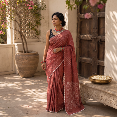 Pink Kutch Bandhani tie-dye cotton saree, draped and worn by a woman, AI visual of the saree, iTokri