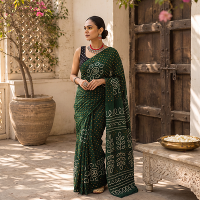 Green Kutch Bandhani tie-dye cotton saree, draped and worn by a woman, AI visual of the saree, iTokri