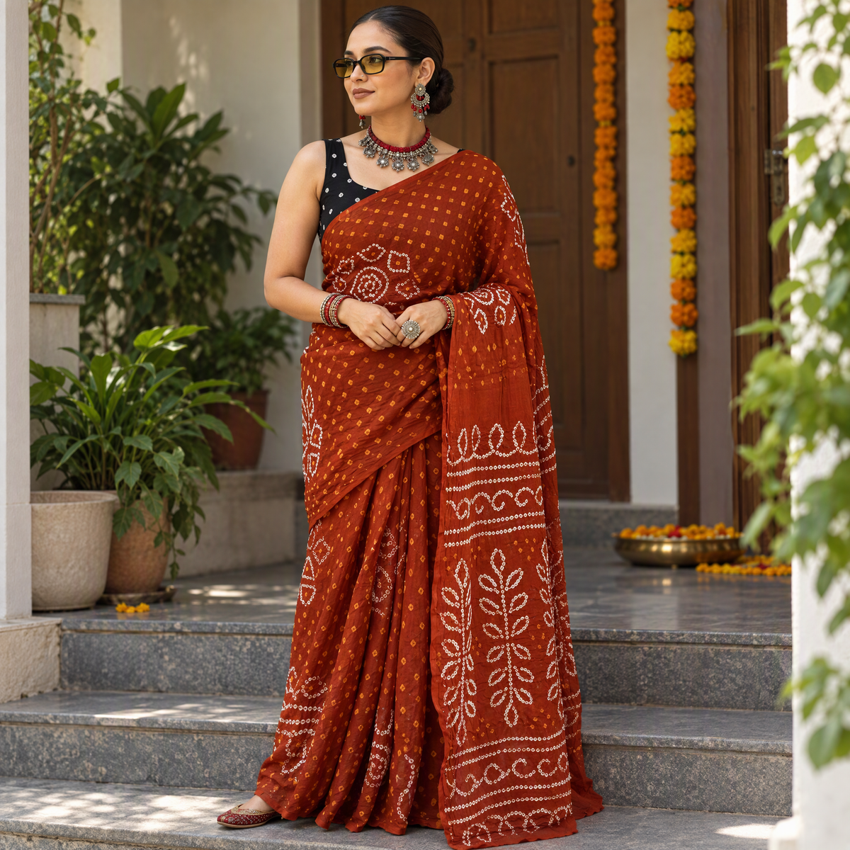 Red Kutch Bandhani tie-dye cotton saree, draped and worn by a woman, AI visual of the saree, iTokri