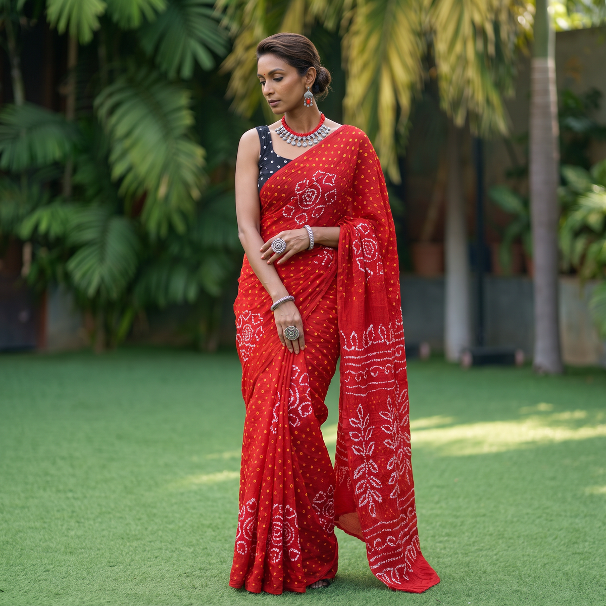 Red Kutch Bandhani tie-dye cotton saree, draped and worn by a woman, AI visual of the saree, iTokri