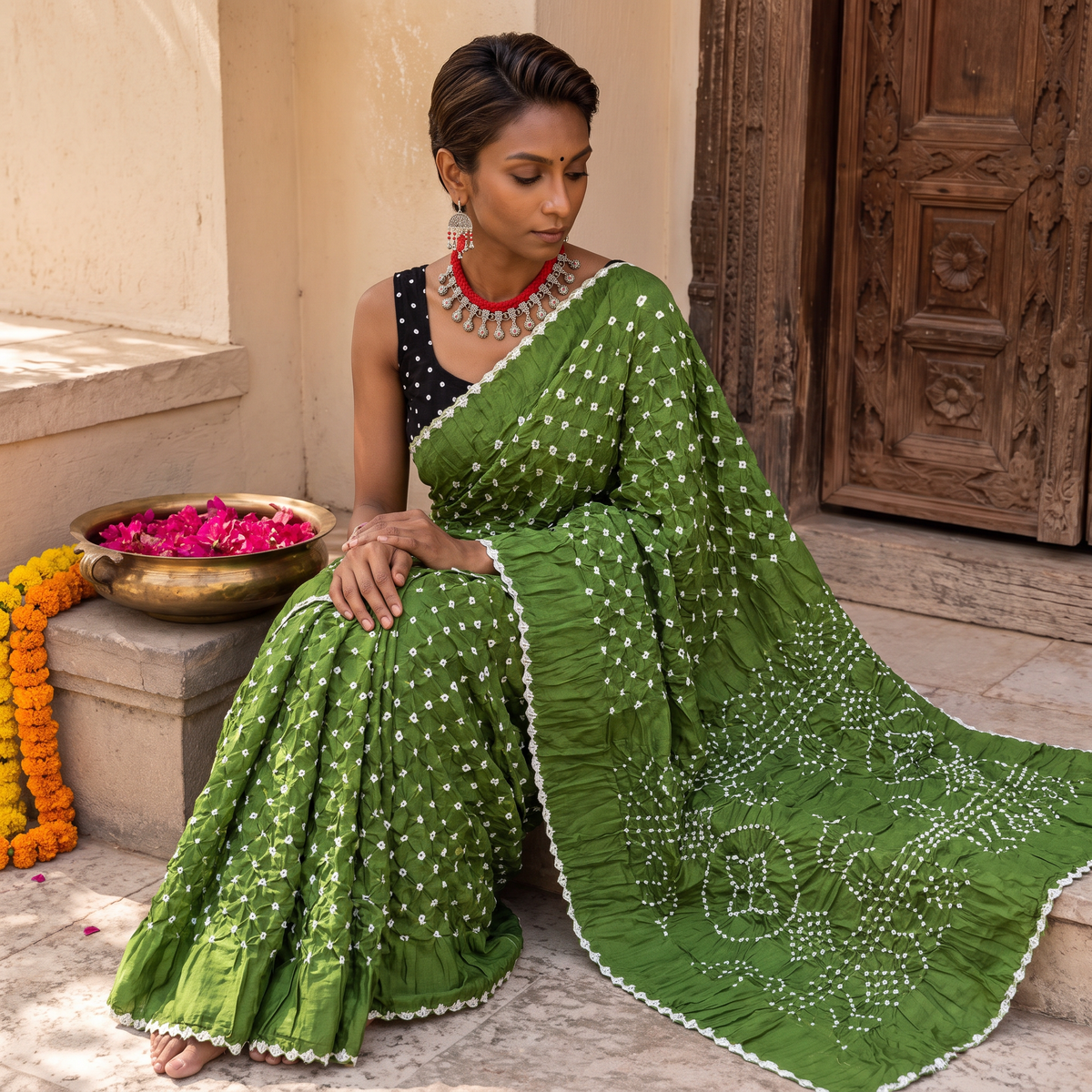 Green Kutch Bandhani tie-dye cotton saree, draped and worn by a woman, AI visual of the saree, iTokri