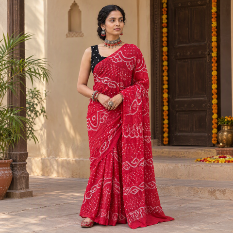 Pink Kutch Bandhani tie-dye cotton saree, draped and worn by a woman, AI visual of the saree, iTokri