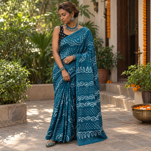Blue Kutch Bandhani tie-dye cotton saree, draped and worn by a woman, AI visual of the saree, iTokri