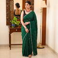 Green Kutch Bandhani tie-dye cotton saree, draped and worn by a woman, AI visual of the saree, iTokri