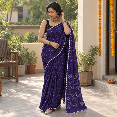 Blue Kutch Bandhani tie-dye cotton saree, draped and worn by a woman, AI visual of the saree, iTokri