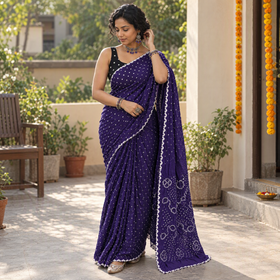 Blue Kutch Bandhani tie-dye cotton saree, draped and worn by a woman, AI visual of the saree, iTokri