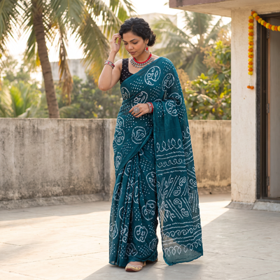 Blue Kutch Bandhani tie-dye cotton saree, draped and worn by a woman, AI visual of the saree, iTokri