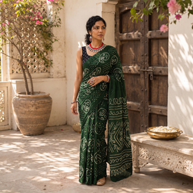 Green Kutch Bandhani tie-dye cotton saree, draped and worn by a woman, AI visual of the saree, iTokri