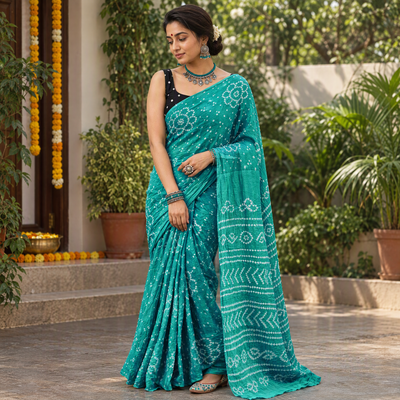 Green Kutch Bandhani tie-dye cotton saree, draped and worn by a woman, AI visual of the saree, iTokri