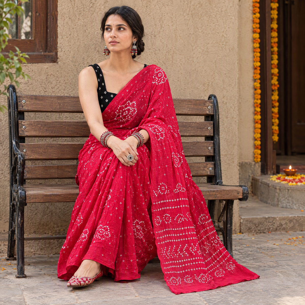 Pink Kutch Bandhani tie-dye cotton saree, draped and worn by a woman, AI visual of the saree, iTokri