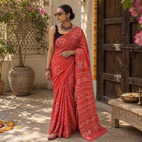 Red Kutch Bandhani tie-dye cotton saree, draped and worn by a woman, AI visual of the saree, iTokri