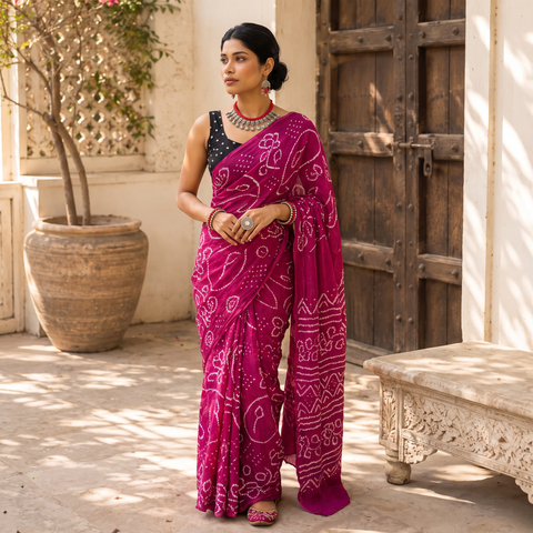 Purple Kutch Bandhani tie-dye cotton saree, draped and worn by a woman, AI visual of the saree, iTokri