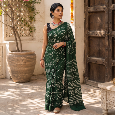 Green Kutch Bandhani tie-dye cotton saree, draped and worn by a woman, AI visual of the saree, iTokri