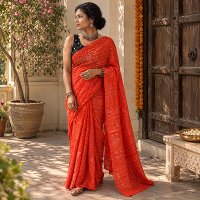 Red Kutch Bandhani tie-dye cotton saree, draped and worn by a woman, AI visual of the saree, iTokri