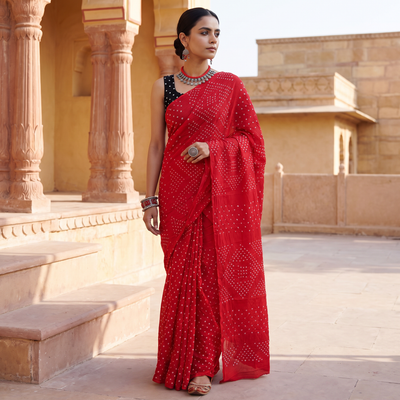 Red Kutch Bandhani tie-dye cotton saree, draped and worn by a woman, AI visual of the saree, iTokri
