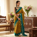 Brown Kutch Bandhani tie-dye cotton saree, draped and worn by a woman, AI visual of the saree, iTokri