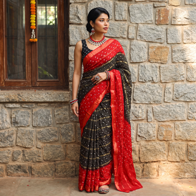 Brown Kutch Bandhani tie-dye cotton saree, draped and worn by a woman, AI visual of the saree, iTokri