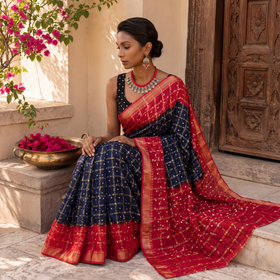 Blue Kutch Bandhani tie-dye cotton saree, draped and worn by a woman, AI visual of the saree, iTokri