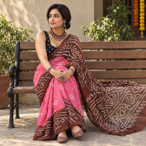Brown Kutch Bandhani tie-dye cotton saree, draped and worn by a woman, AI visual of the saree, iTokri