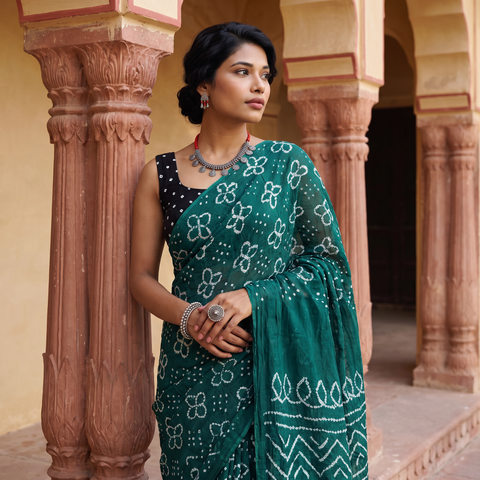 Green Kutch Bandhani tie-dye cotton saree, draped and worn by a woman, AI visual of the saree, iTokri
