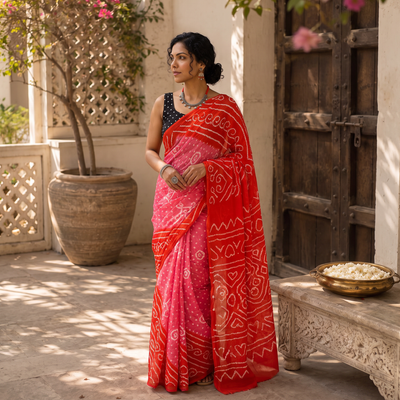 Orange Kutch Bandhani tie-dye cotton saree, draped and worn by a woman, AI visual of the saree, iTokri