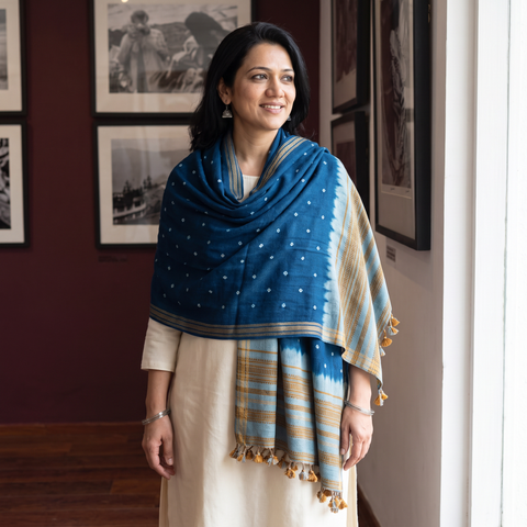 Blue Kutch Bandhani Tie-Dye Handwoven Merino Wool Shawl, worn by a model, AI visual of the shawl, iTokri