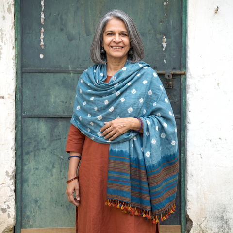Blue Kutch Bandhani Tie-Dye Handwoven Merino Wool Shawl, worn by a model, AI visual of the shawl, iTokri