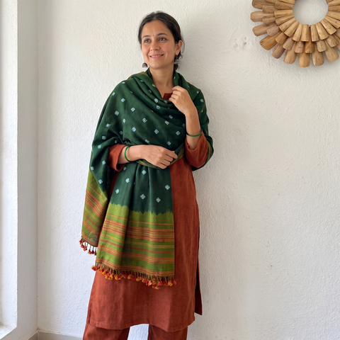 Green Kutch Bandhani Tie-Dye Handwoven Merino Wool Shawl, worn by a model, AI visual of the shawl, iTokri